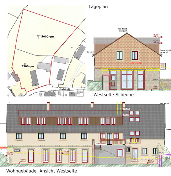 Zweiseithof im Schönfelder Hochland, Lageplan, Ansichten